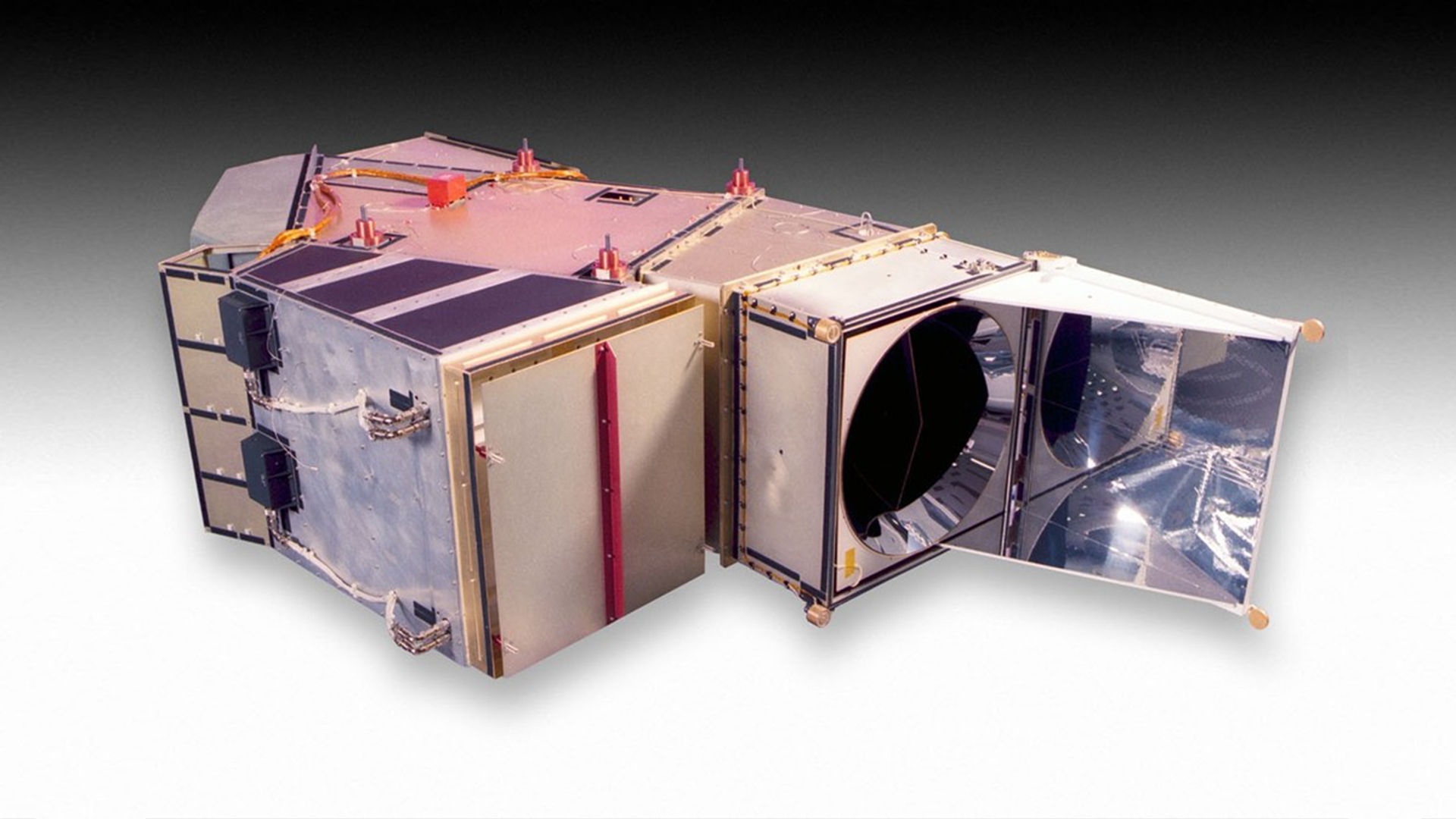 A photograph of the Landsat 6 enhanced thematic mapper (ETM) as delivered for spacecraft integration.