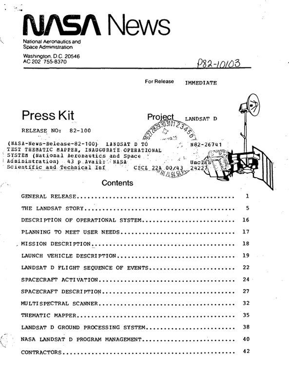 The first page of the Landsat-D Press Kit.