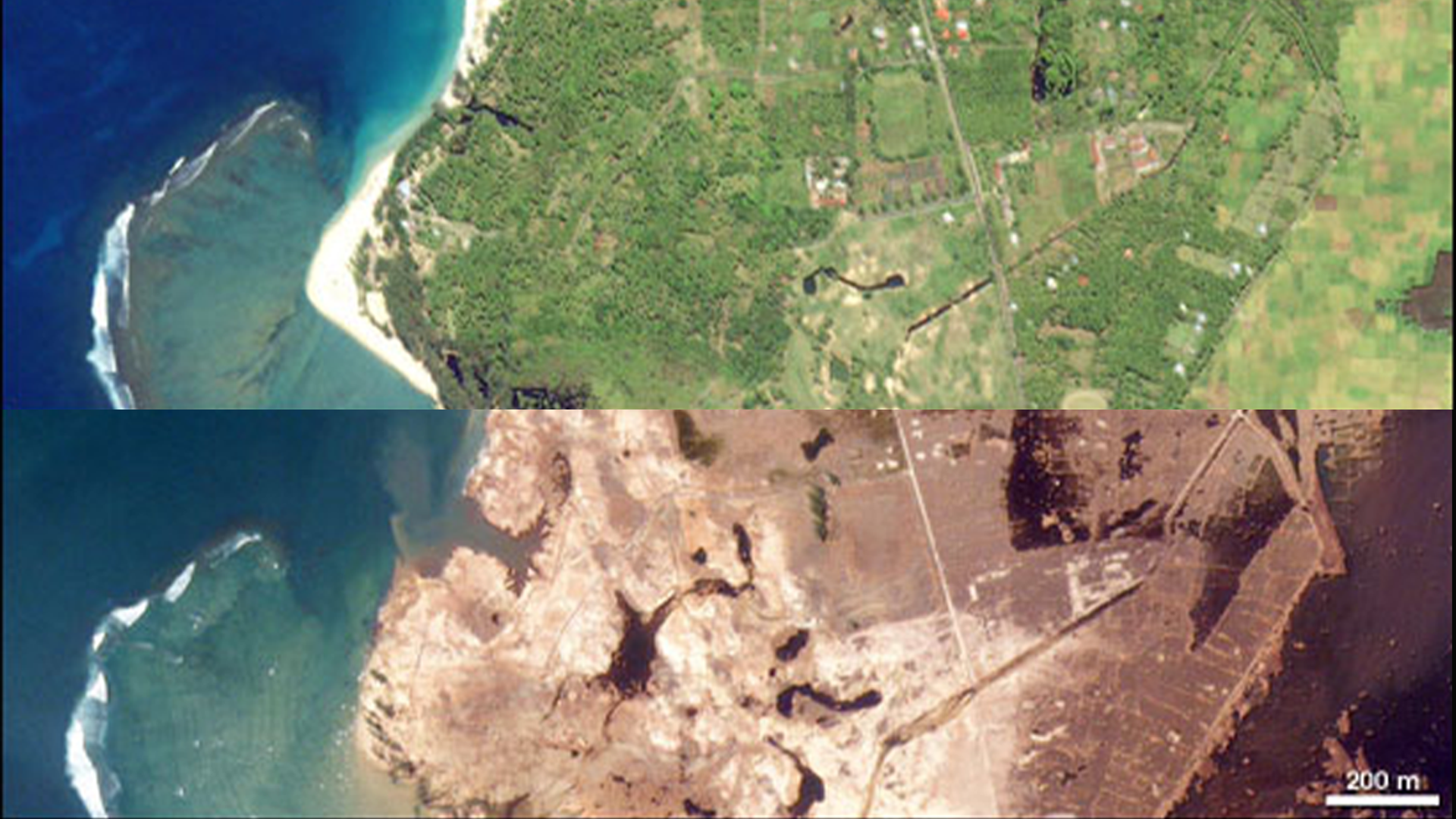 Two satellite images side by side showing the aftermath of a tsunami in Lhoknga, Indonesia