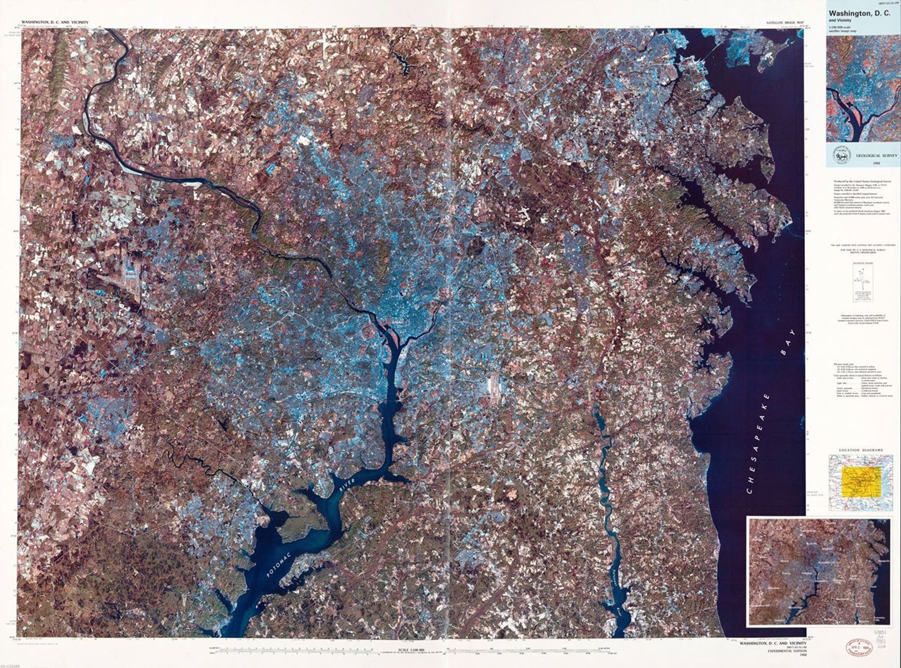 Landsat 4 image of Washington DC and northern Virginia on November 2, 1982 at 10:14am. The image is a composite of TM bands 1, 3, and 5. Dark blue to blue colors represent deep clear water to shallow turbid water. Urban areas appear light blue. Deciduous forests appear greenish and coniferous forests appear dark brown. Pink to reddish brown colors represent crops or grasslands and white to greenish gray are fallow fields or concrete areas.