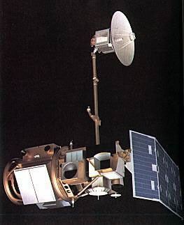 Scale model of the Landsat 4-5 satellite with high gain antenna and solar panel array.