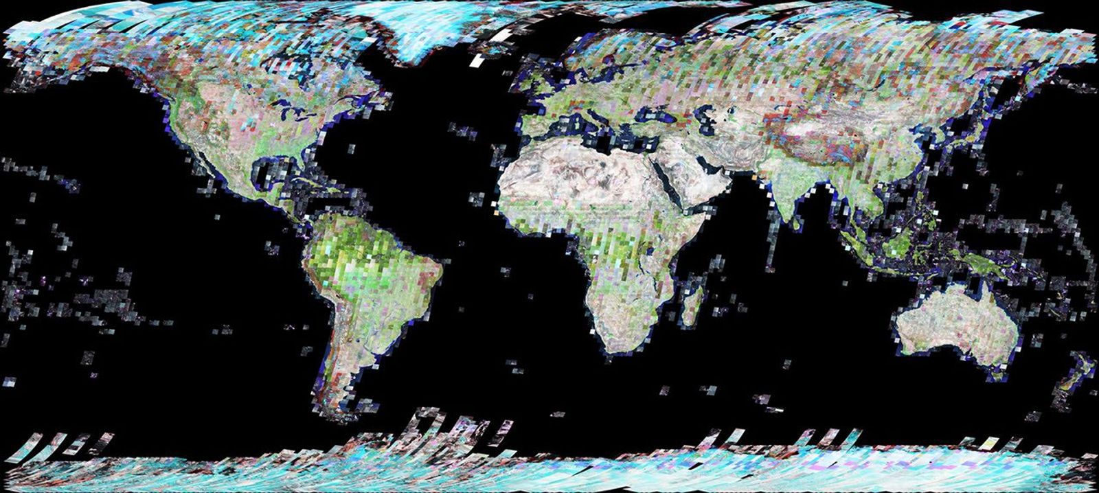 Global mosaics were compiled using cloud-free imagery acquired over three consecutive years (2000, 2001, and 2002). These mosaics provide a snapshot of the world's land surface during that year.