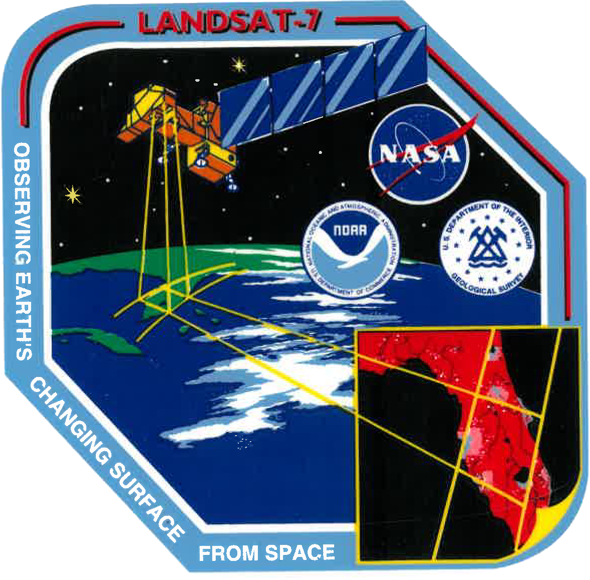 A Landsat 7 Mission patch featuring The NASA, NOAA, and Department of the Interior logos. Text in this image says "Observing Earth's Changing Surface From Space." The image itself shows Landsat 7 scanning a section of Florida, a diagram shows this scanned area in red.