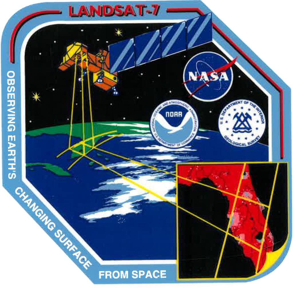 A Landsat 7 Mission patch featuring The NASA, NOAA, and Department of the Interior logos. Text in this image says "Observing Earth's Changing Surface From Space." The image itself shows Landsat 7 scanning a section of Florida, a diagram shows this scanned area in red.