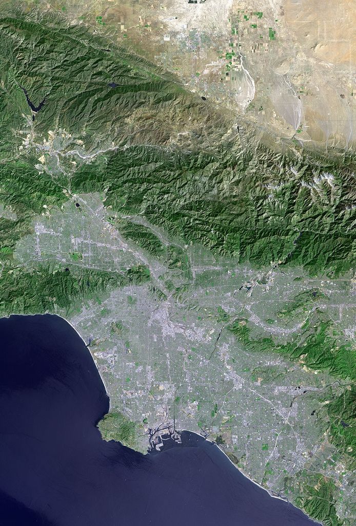 Los Angeles and vicinity seen from space, as viewed by NASA Landsat 7 satellite from an altitude of 437 miles on May 4, 2001.