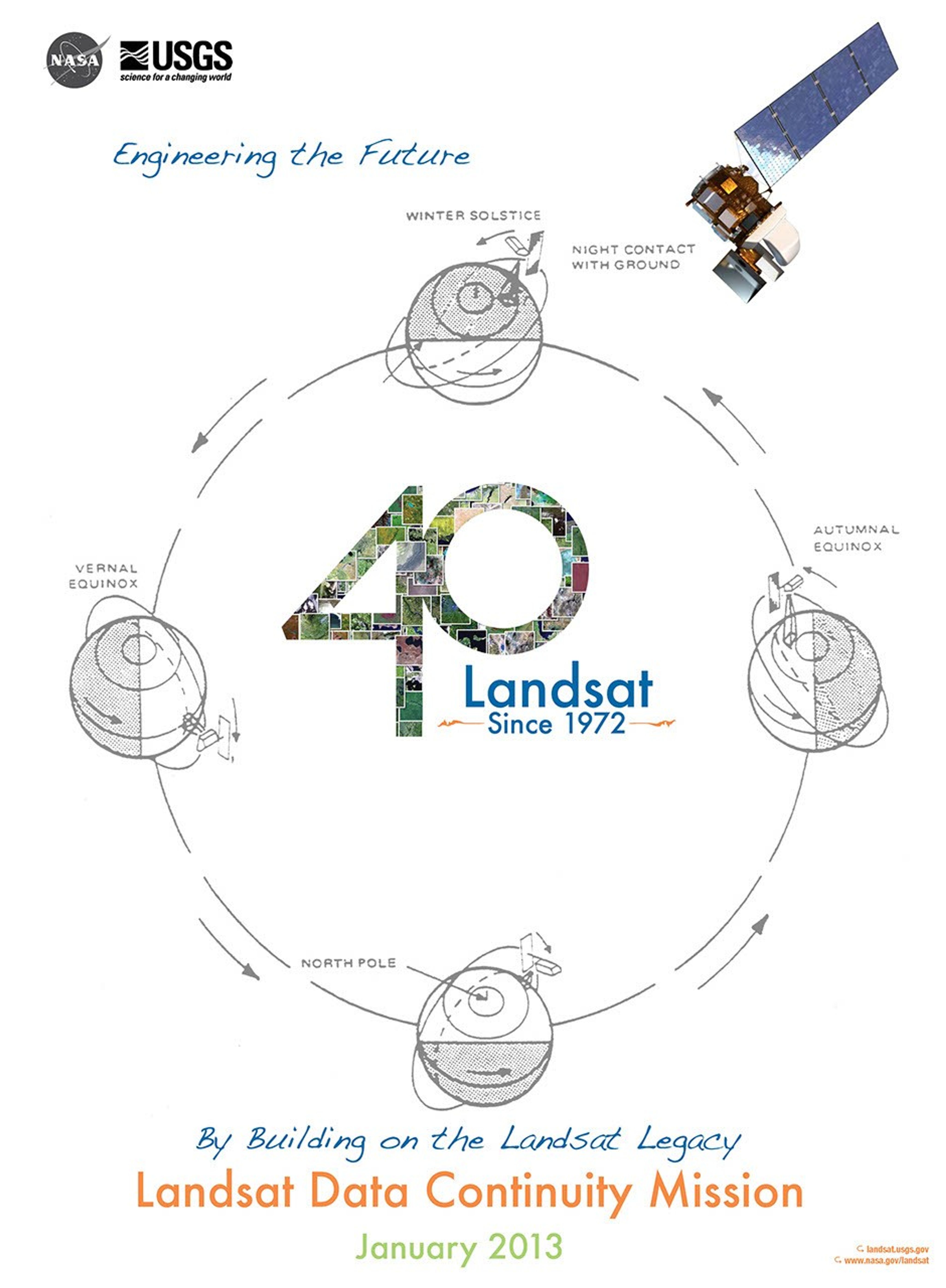 Front of the "Engineering the Future by Building on the Landsat Legacy" brochure. The cover features the Landsat 8 (LDCM) spacecraft, text that reads "40: Landsat Since 1972" and a line art drawing of the Earth's seasons.