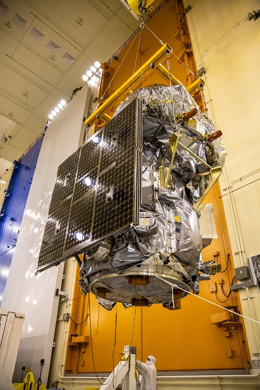 Inside the Integrated Processing Facility at Vandenberg Space Force Base in California, NASA’s Landsat 9 observatory is lifted for its move to a fixture structure on July 12, 2021. Landsat 9 will launch on a United Launch Alliance Atlas V rocket from Space Launch Complex 3 at Vandenberg in September 2021. The launch is being managed by NASA’s Launch Services Program based at Kennedy Space Center, America’s multiuser spaceport. The Landsat 9 satellite will continue the nearly 50-year legacy of previous Landsat missions. It will monitor key natural and economic resources from orbit. Landsat 9 is managed by the agency’s Goddard Space Flight Center in Greenbelt, Maryland. The satellite will carry two instruments: the Operational Land Imager 2, which collects images of Earth’s landscapes in visible, near infrared and shortwave infrared light, and the Thermal Infrared Sensor 2, which measures the temperature of land surfaces. Like its predecessors, Landsat 9 is a joint mission between NASA and the U.S. Geological Survey.
