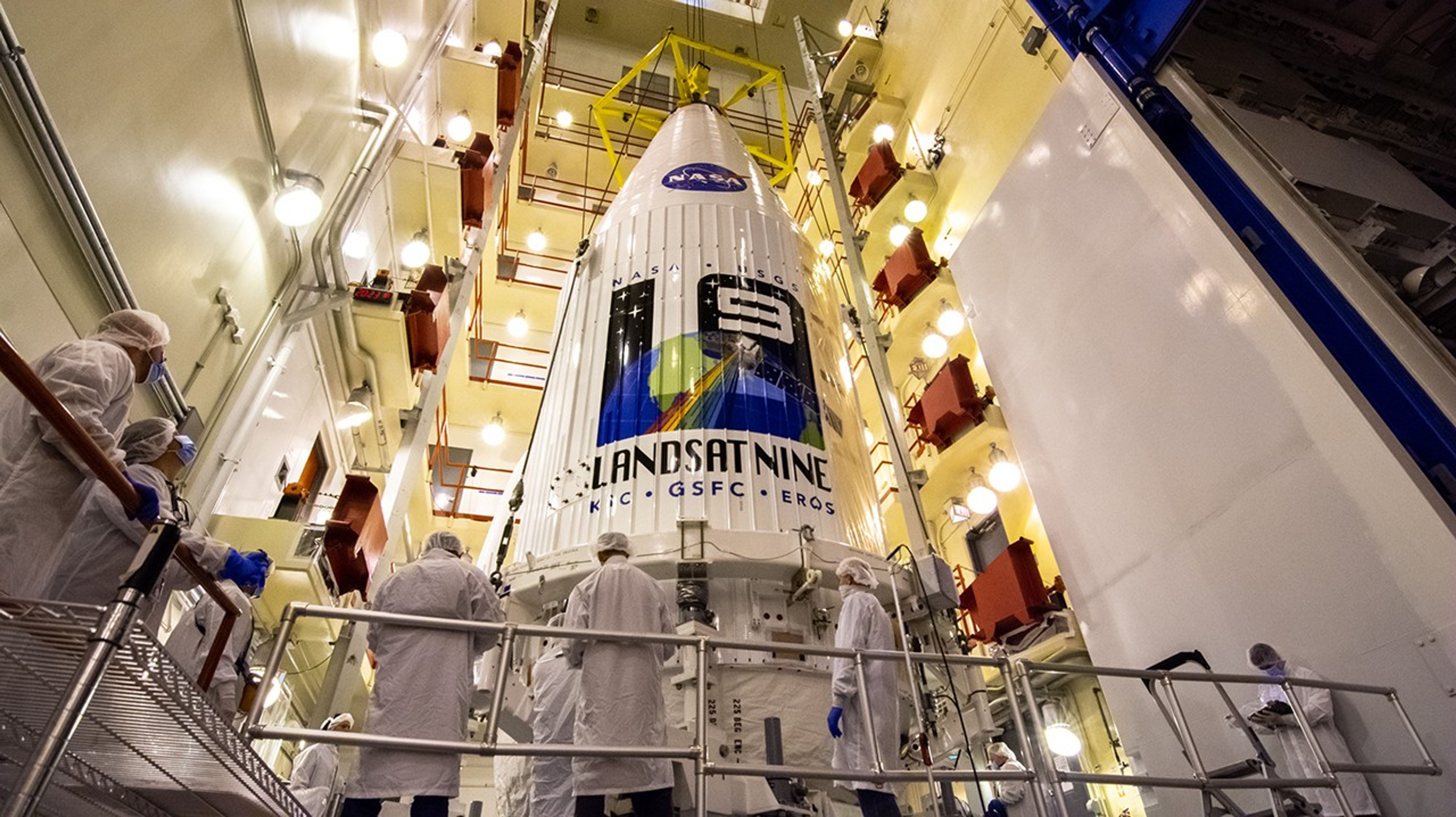 The Landsat 9 payload is hoisted out of the transfer tower inside the Integration Processing Facility at Vandenberg Space Force Base in California on Sept. 14, 2021, in preparation for transport to Vandenberg’s Space Launch Complex 3. The Landsat 9 mission launch, which is being managed by NASA’s Launch Services Program based at Kennedy Space Center in Florida, is targeted for no earlier than Sept. 27, 2021. Landsat 9 will launch on a United Launch Alliance Atlas V rocket. The satellite will monitor key natural and economic resources from orbit. Landsat 9 is a joint mission between NASA and the U.S. Geological Survey.