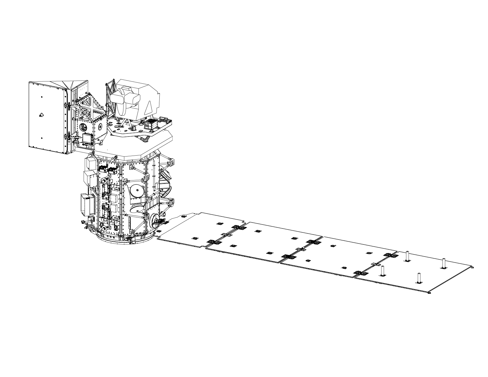 Line art illustration of the Landsat 8/9 satellite spacecraft.