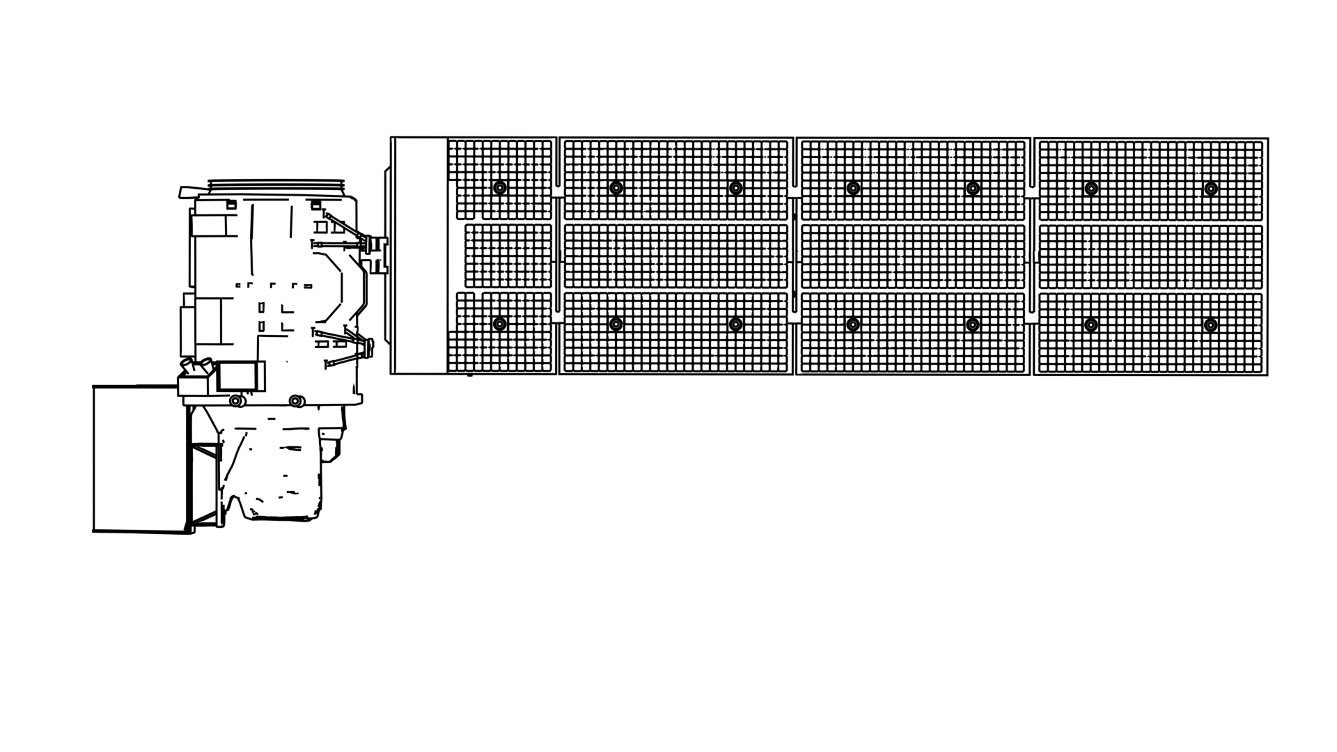 Side-view wireframe illustration of Landsat 9, launched in 2021 as the latest in NASA's Earth observation satellite series. The diagram shows the instrument-carrying spacecraft bus connected to its large solar array that powers the satellite's advanced imaging systems.