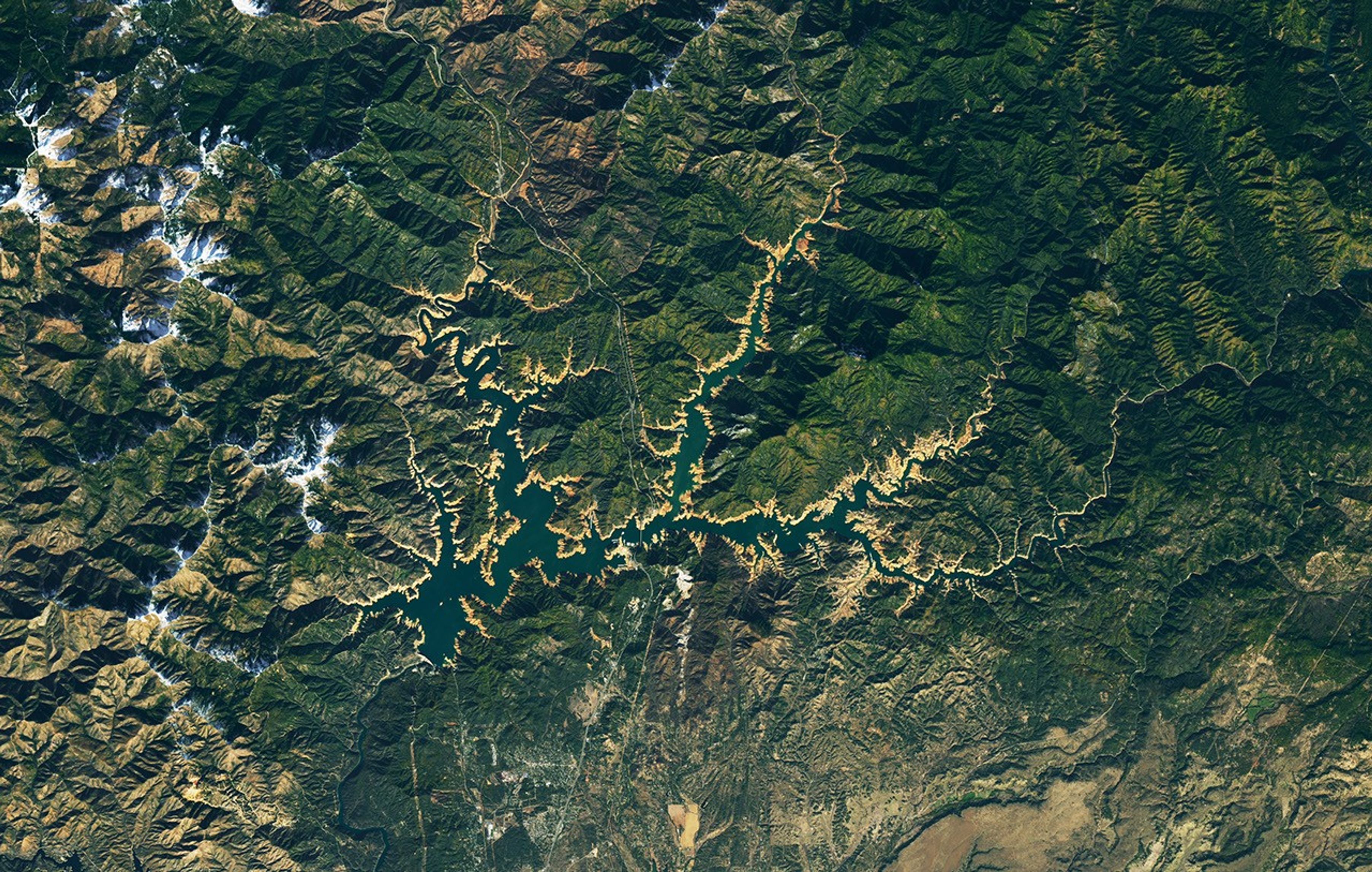Satellite image of Shasta Lake in California. The irregularly-shaped lake is mostly dark blue but in some parts, the water is light green due to sediment. The bare earth surrounding the lake appears as shades of orange and tan.