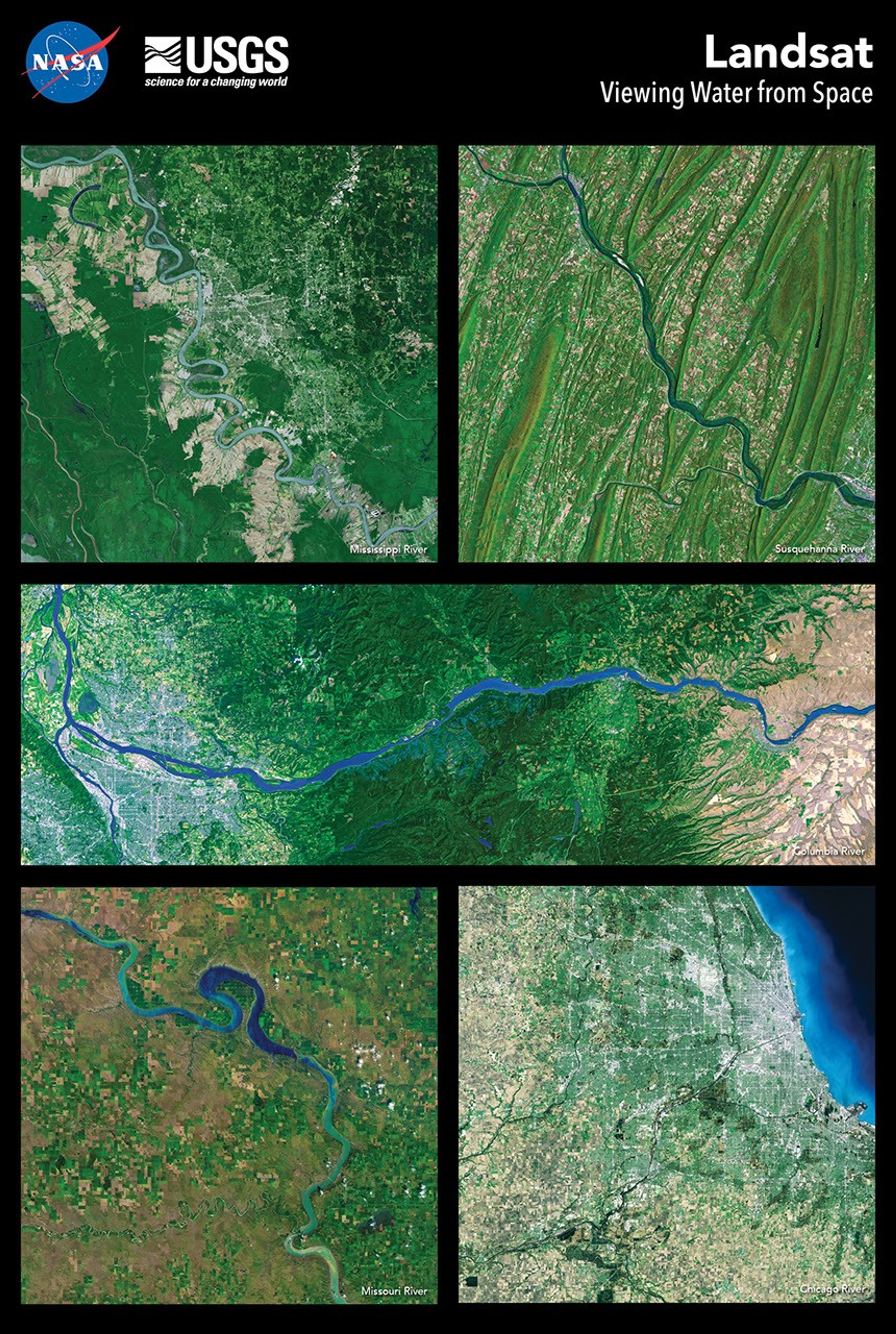 The front of the 2021 Earth Science Week poster: Viewing Water from Space. The poster features five natural-color Landsat images of freshwater rivers in the U.S.