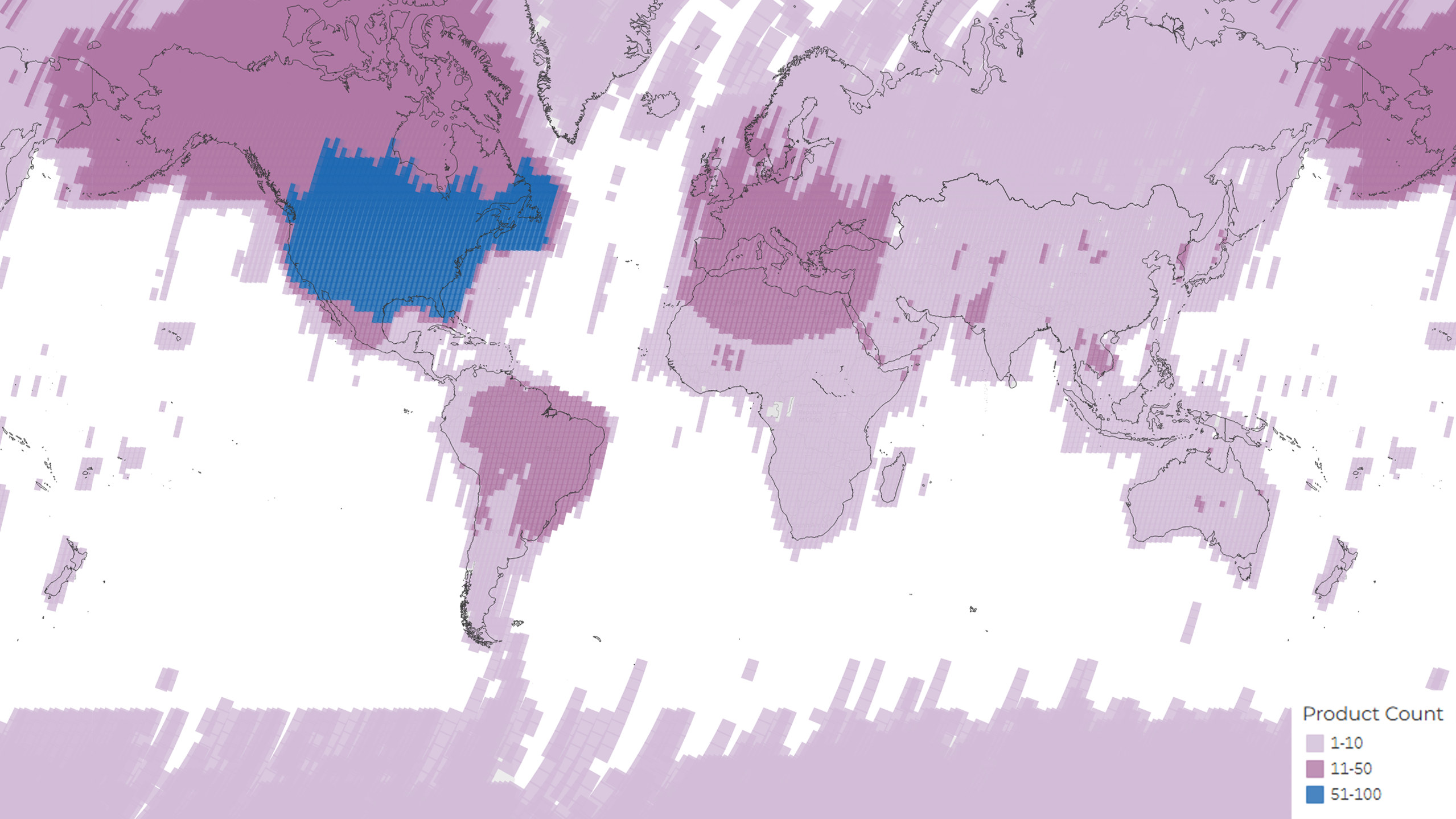 A density map showing the distribution of the total 174,955 MSS scenes acquired and archived during the lifetime of the Landsat 1 mission. The colors represent the number of products per Path/Row.