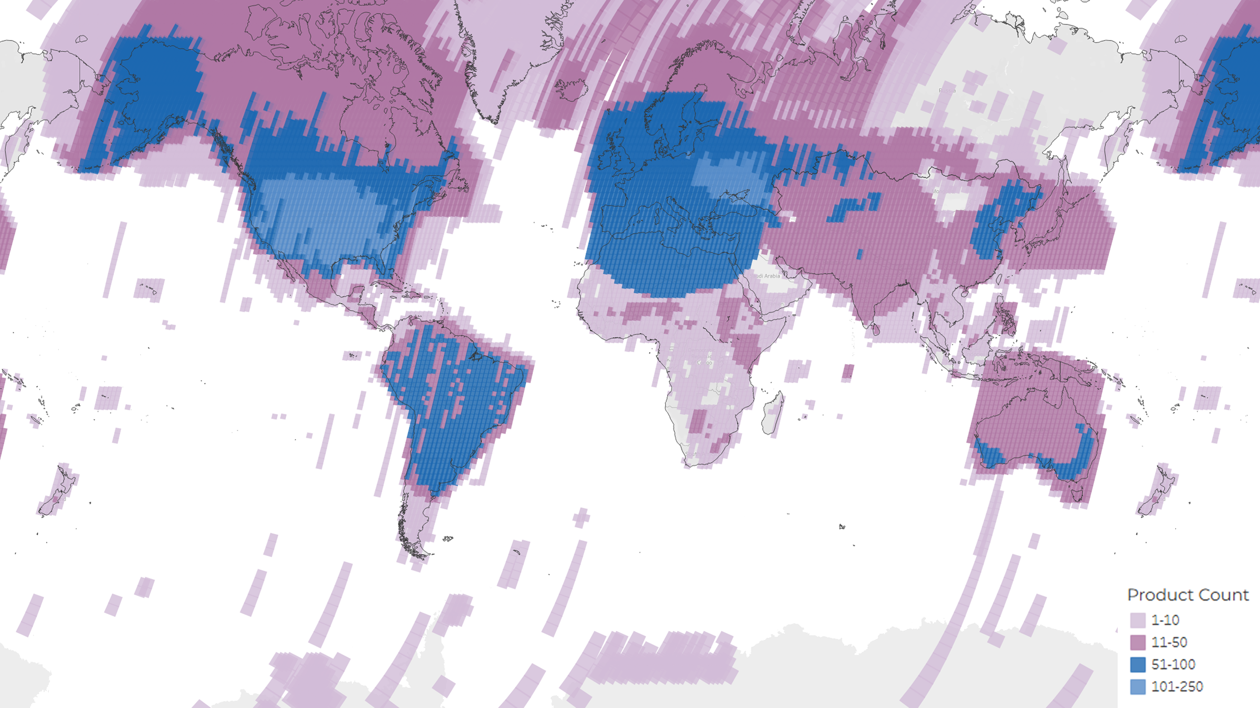 A density map showing the distribution of the total 371,234 MSS scenes acquired and archived during the lifetime of the Landsat 2 mission. The colors represent the number of products per Path/Row.