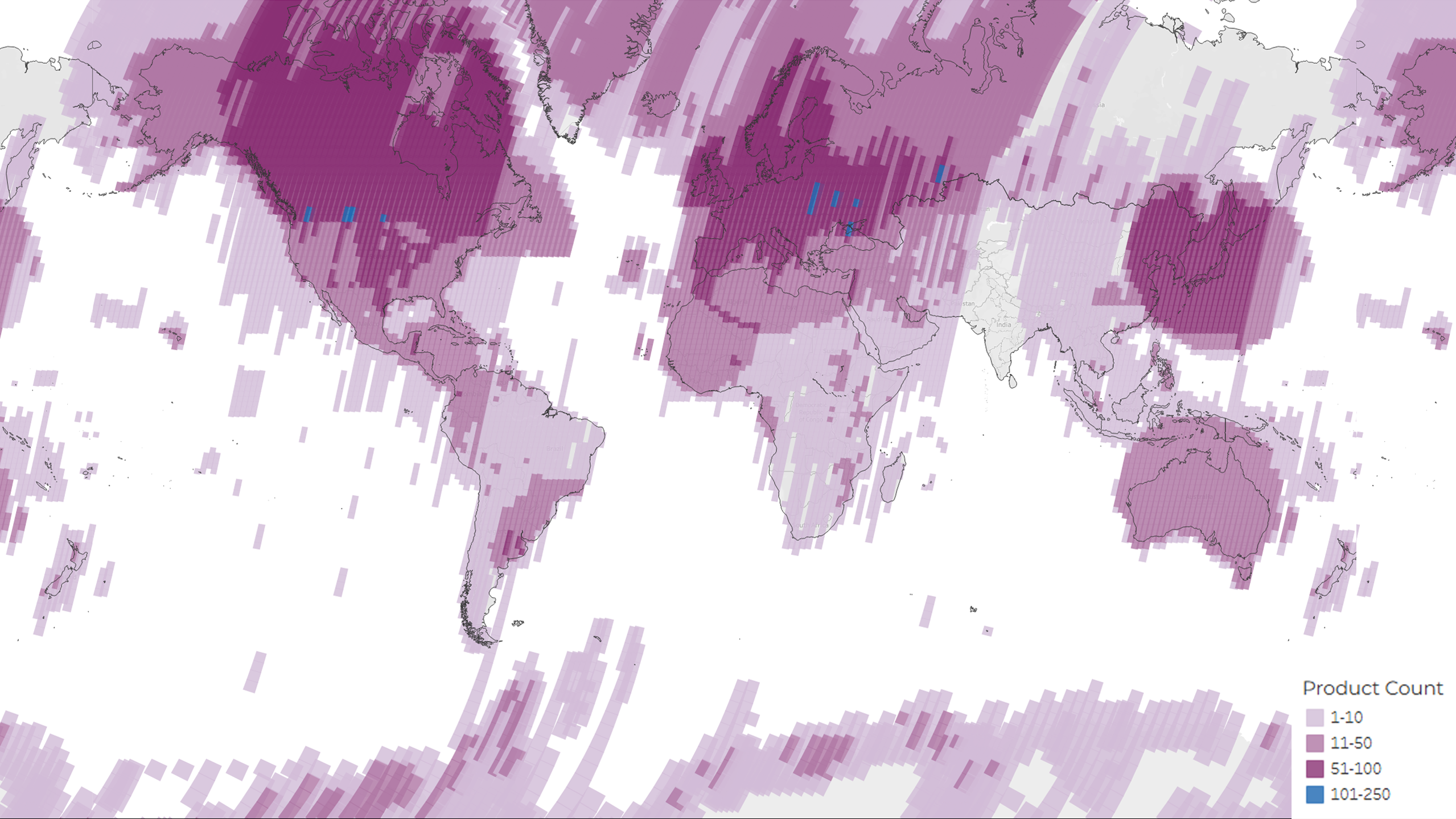 A density map showing the distribution of the total 291,345 MSS and TM scenes acquired and archived during the lifetime of the Landsat 4 mission. The colors represent the number of products per Path/Row.