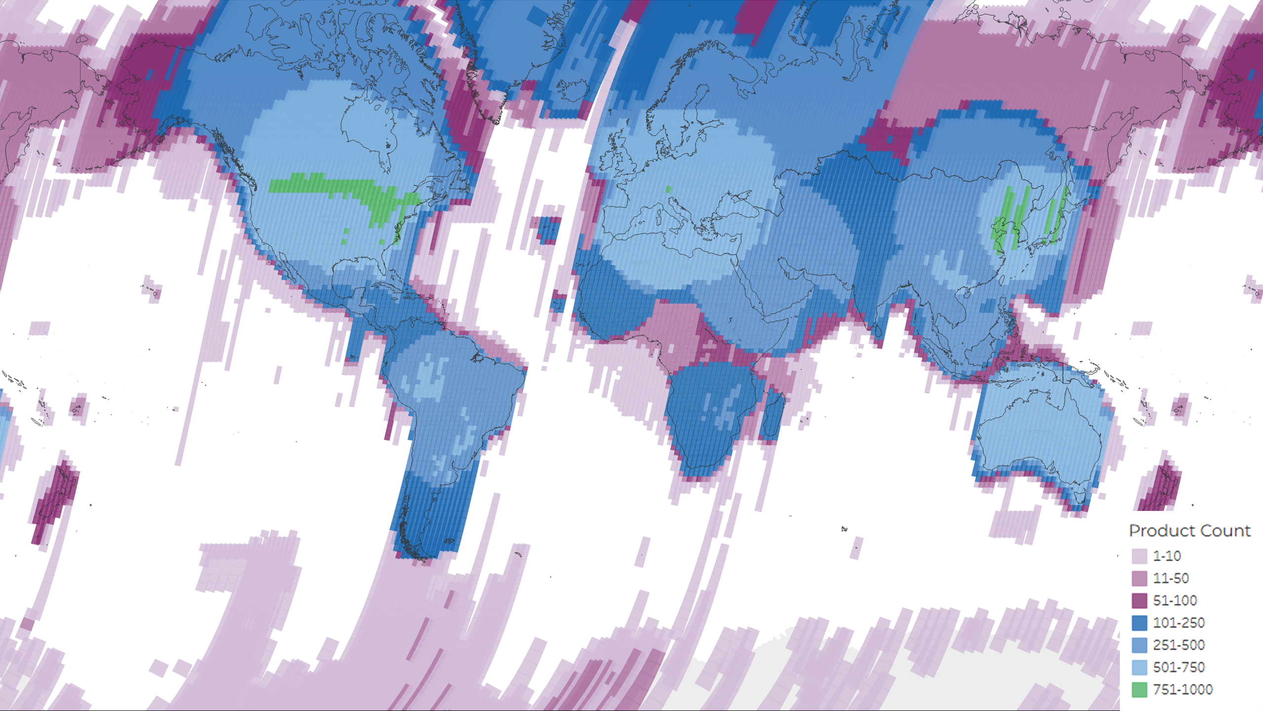 A density map showing the distribution of the total 3,870,273 MSS and TM scenes acquired and archived during the lifetime of the Landsat 5 mission. The colors represent the number of products per Path/Row.
