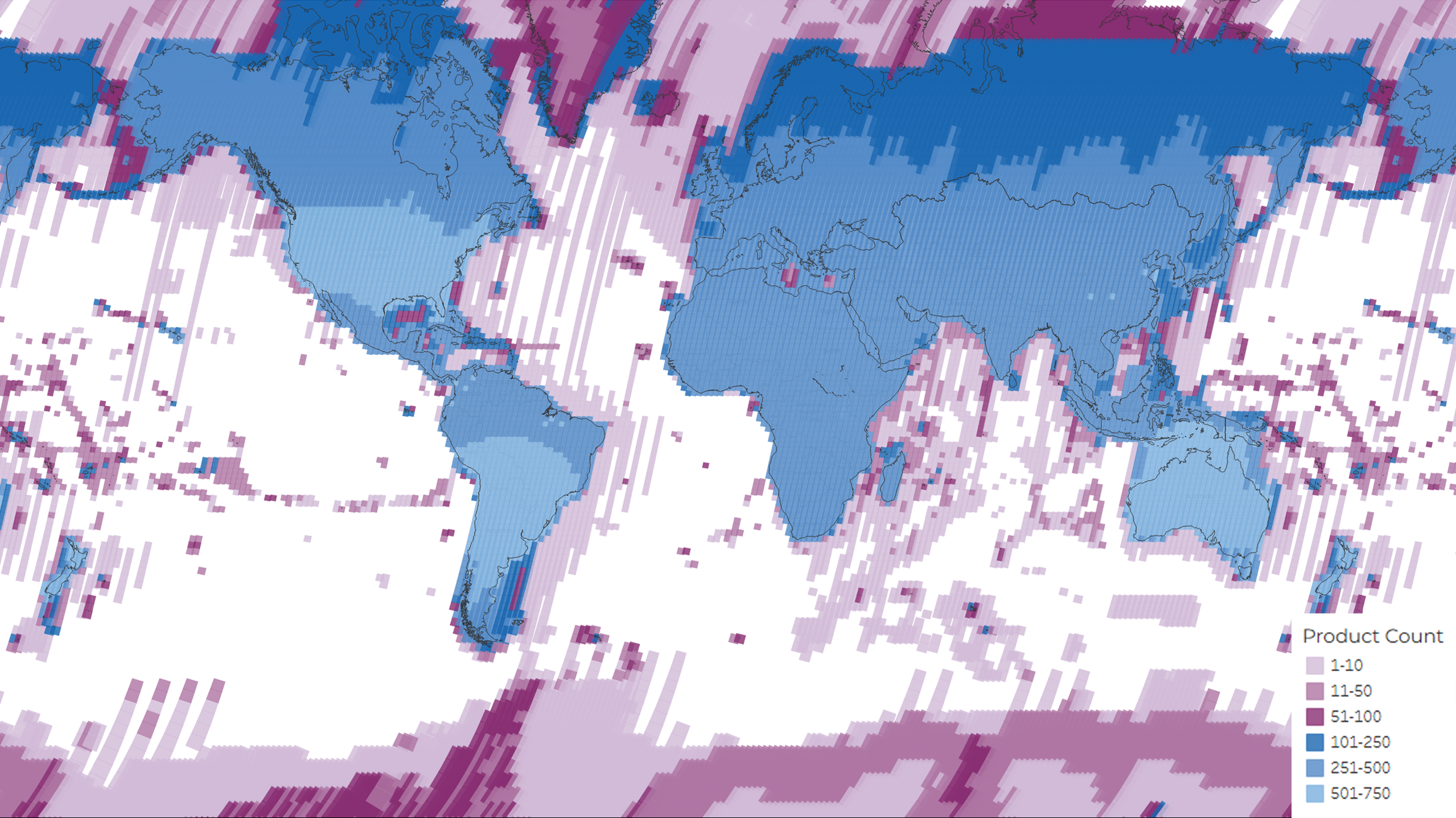 A density map showing the distribution of the total 3,316,494 ETM+ scenes acquired and archived during the lifetime of the Landsat 7 mission. The colors represent the number of products per Path/Row.
