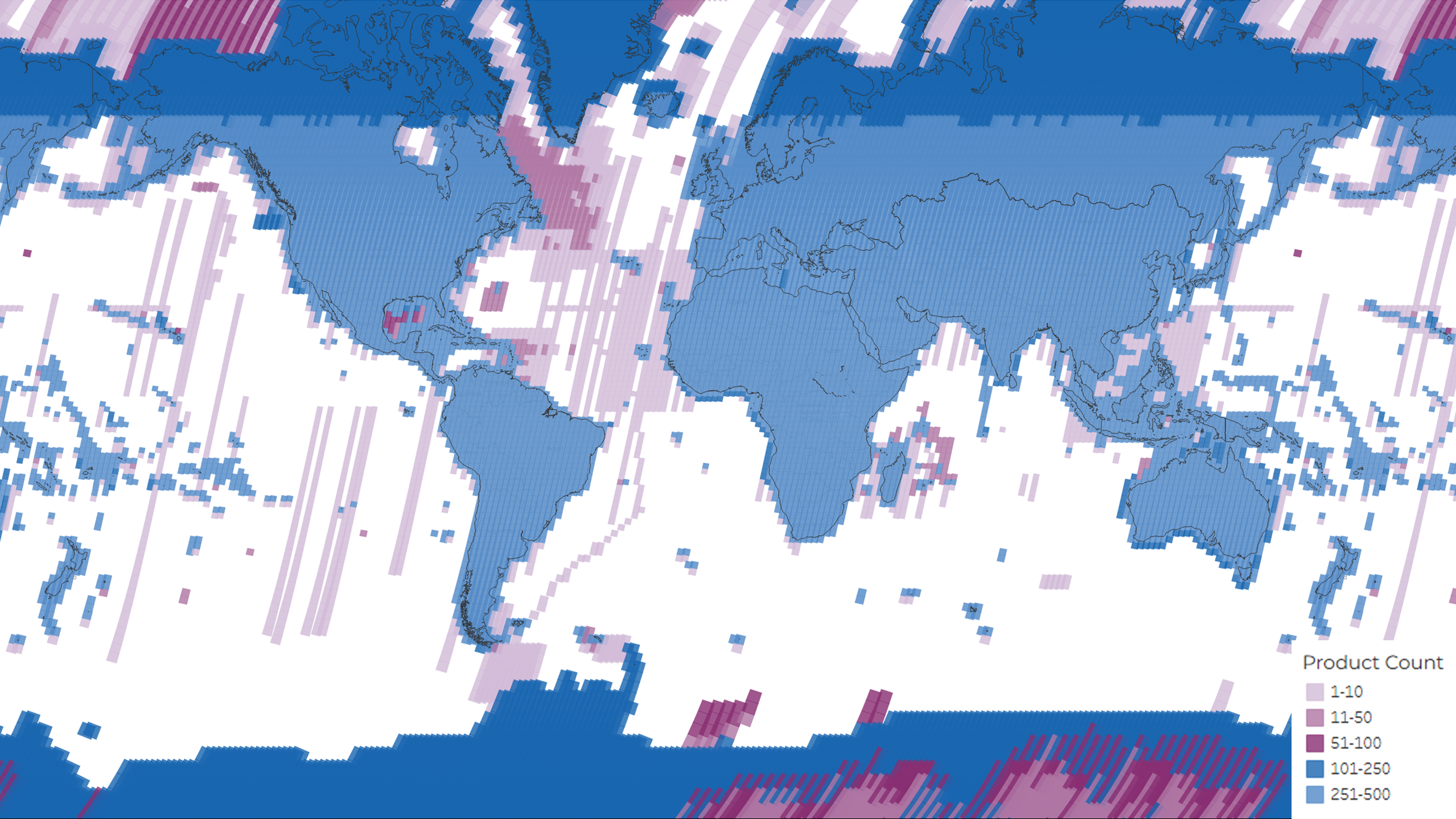 A density map showing the distribution of the total 3,052,414 OLI/TIRS scenes acquired and archived during the lifetime of the Landsat 8 mission. The colors represent the number of products per Path/Row.