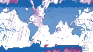 A density map showing the distribution of the total 3,052,414 OLI/TIRS scenes acquired and archived during the lifetime of the Landsat 8 mission. The colors represent the number of products per Path/Row.