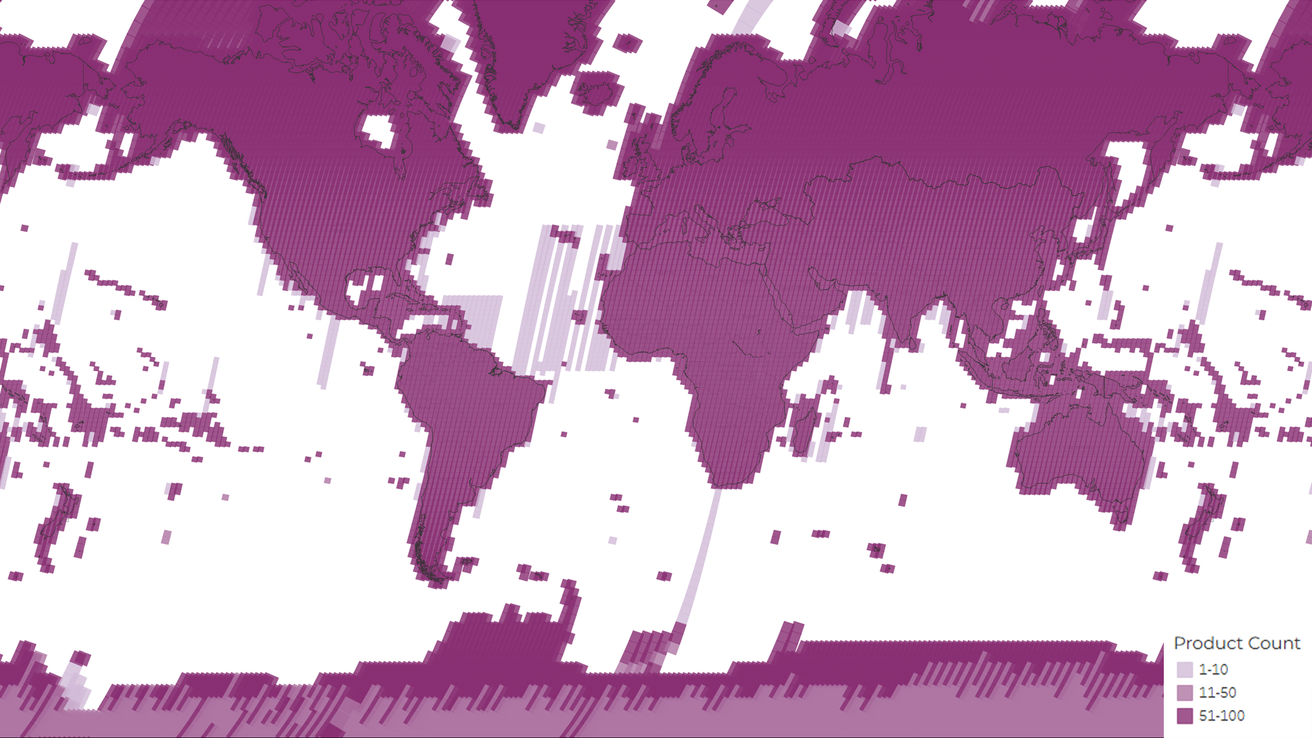 A density map showing the distribution of the total 981,675 OLI/TIRS scenes acquired and archived during the lifetime of the Landsat 9 mission. The colors represent the number of products per Path/Row.