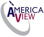 AmericaView Logo on a white background. A gray outline spans the words "America View" with a small satellite. America is written in blue text and View is written in red text.