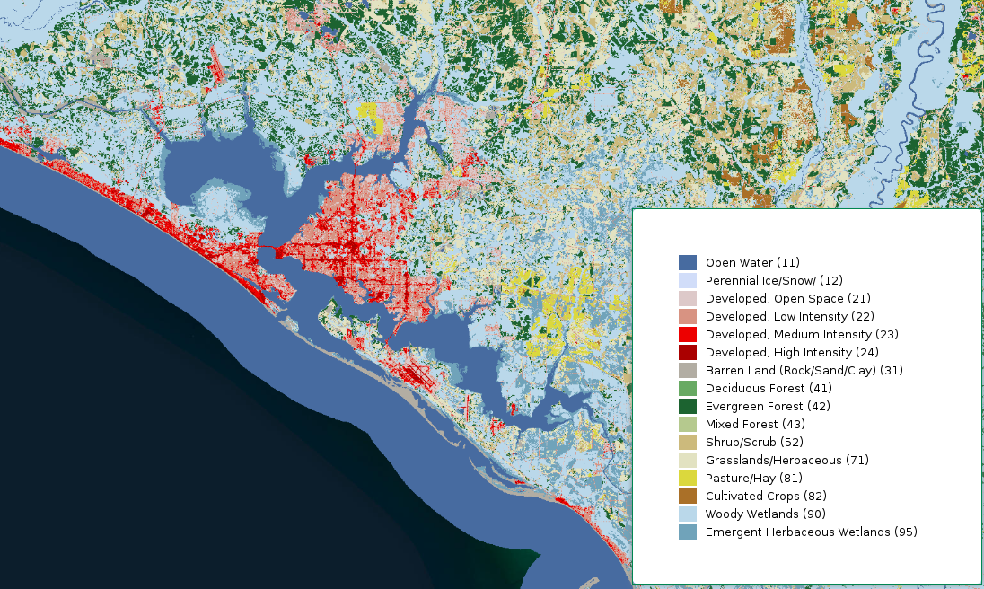 This 2024 Annual National Land Cover Database image includes land cover classifications for Bay County. Shades of red represent varying levels of intensity of developed areas, including beachfront hotels and resorts along the coast. Trees show up in the evergreen forest and woody wetlands categories.