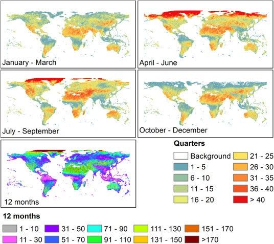 Quarterly and annual number of cloud-free 30-m Harmonized Landsat and Sentinel-2 (HLS) observations in 2022. On average, the area with the lowest observations is around the equator.