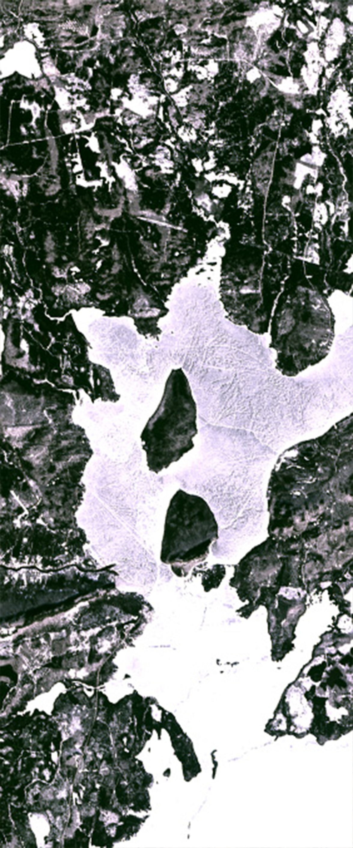 Landsat satellite image showing ice in the form of a capital letter A.