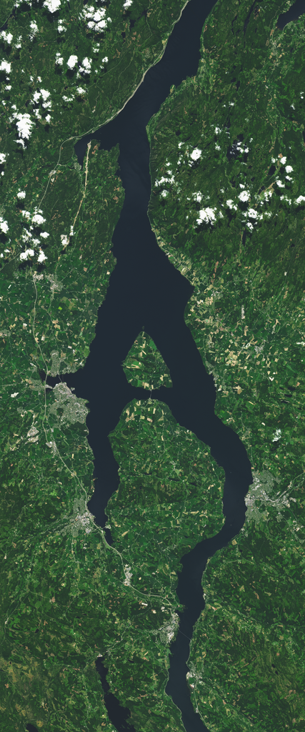 Landsat satellite image of a lake surrounded by vegetated land. The shape of the lake forms the capital letter A.