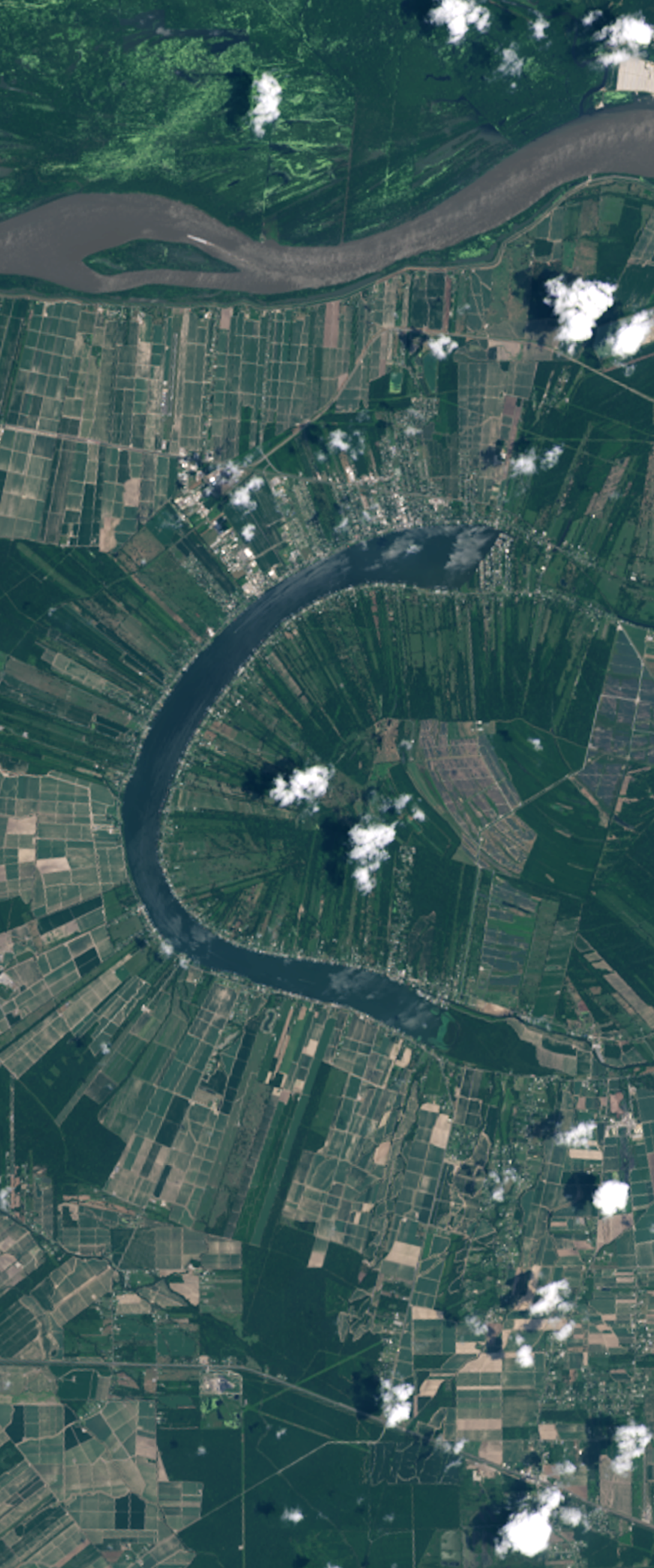 Landsat image of a river forming the capital letter C. The river is surrounded by thin rectangular agricultural crops.