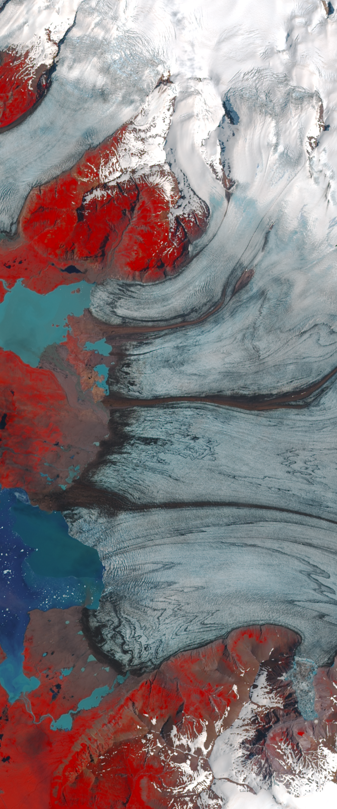 Landsat image of a glacier forms the upper case letter E.