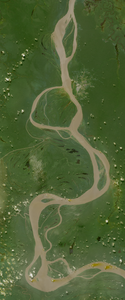 Landsat satellite image of a curvy muddy river forms the lower case letter G.