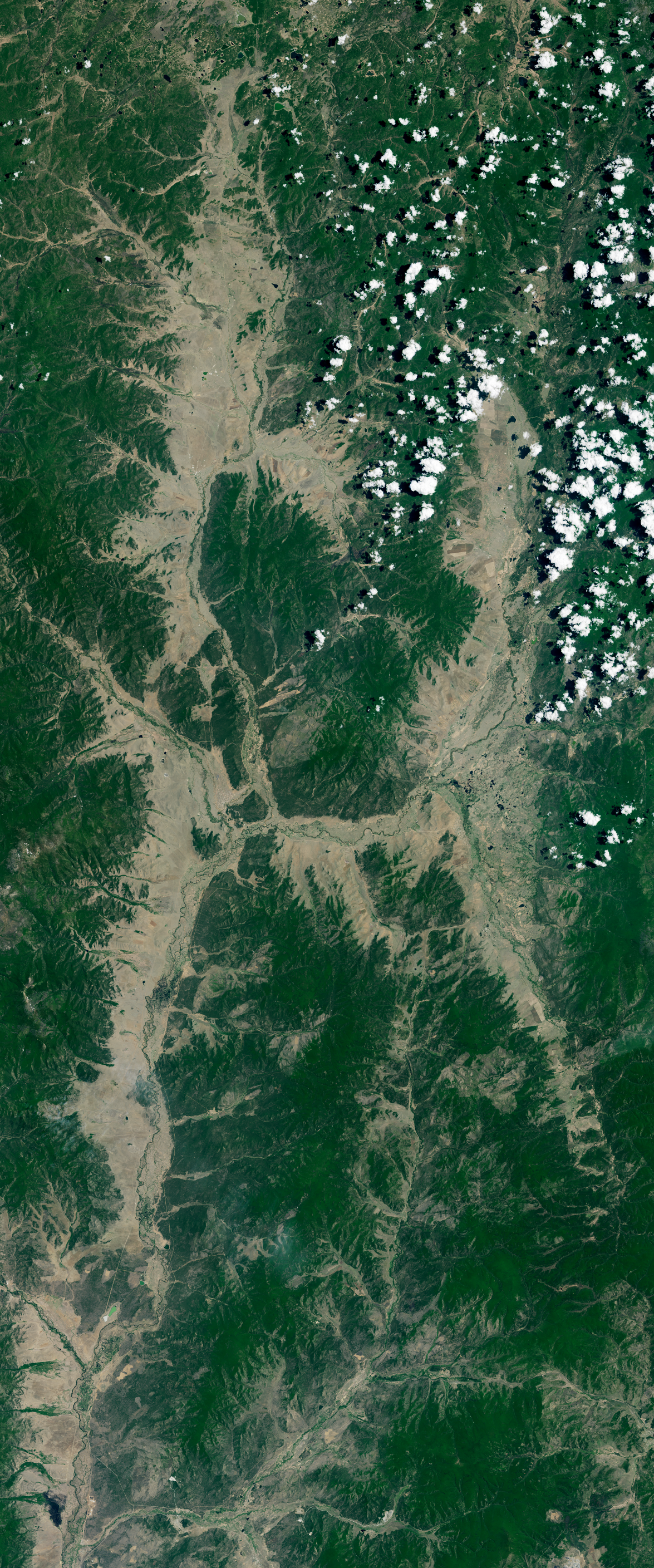 Landsat satellite image of dry land surrounded by vegetation forms the capital letter H.