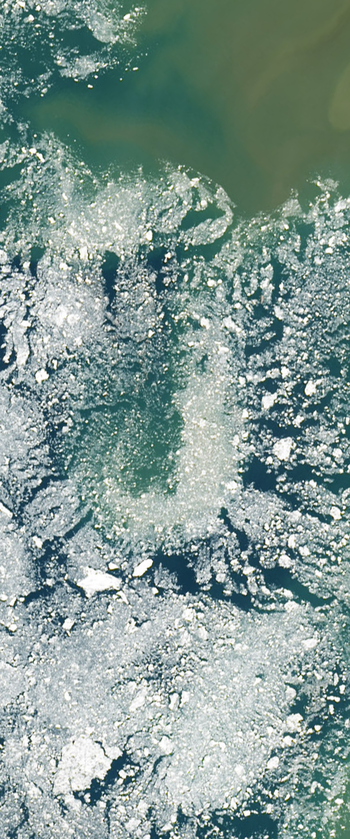 Landsat satellite image of lake ice forms the capital letter J.