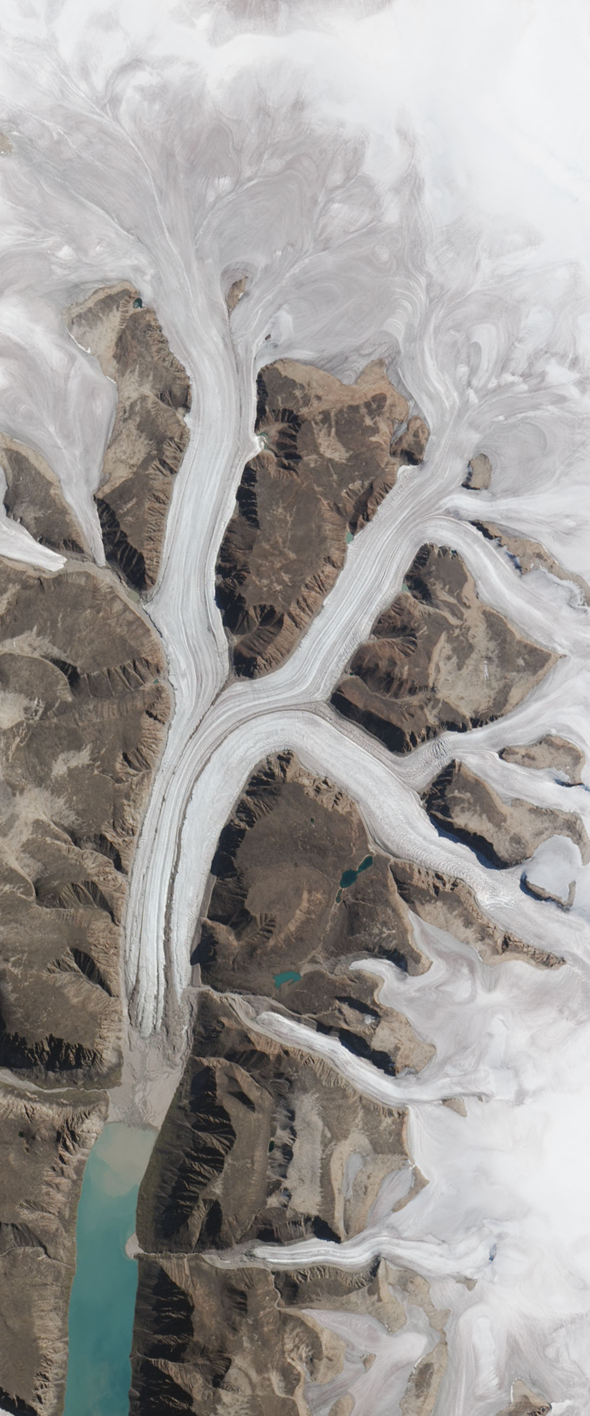 A glacier forms the capital letter K in this Landsat satellite image.