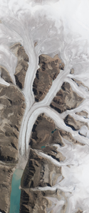 A glacier forms the capital letter K in this Landsat satellite image.