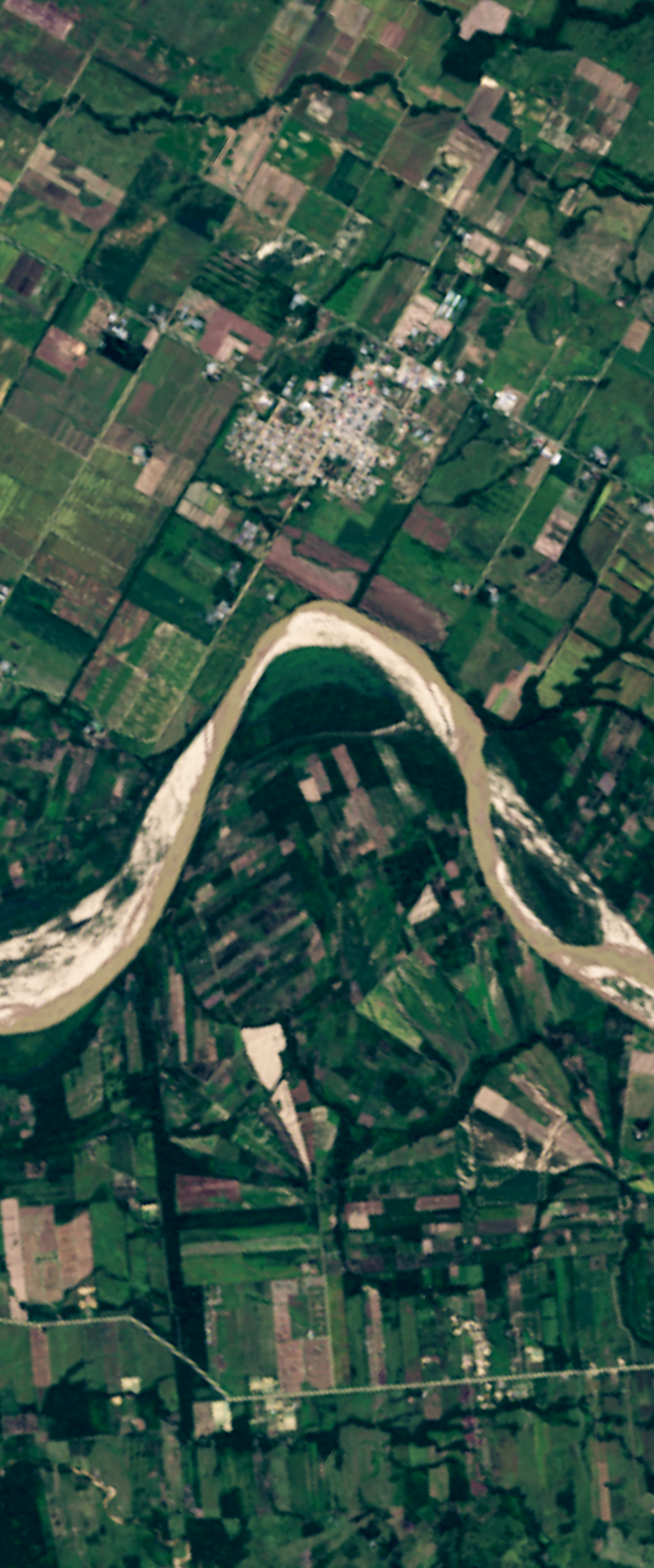 Landsat satellite image in true-color showing a curved muddy river forming the lower case letter N.