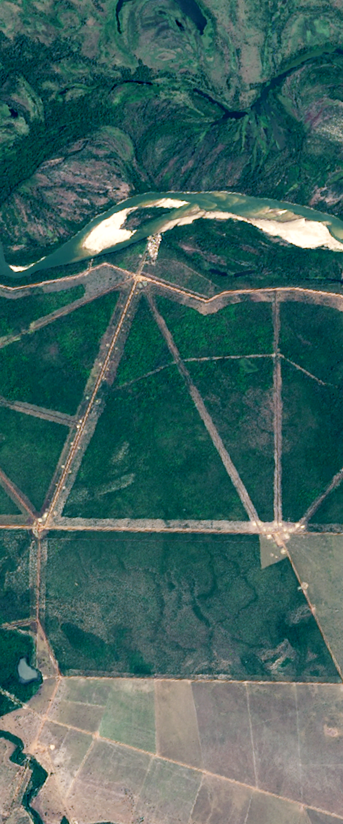 Landsat satellite image showing roads cut through a forest that form the upper case letter N.