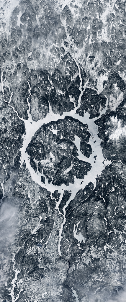 Frozen water formation forms the letter O in this Landsat satellite image.