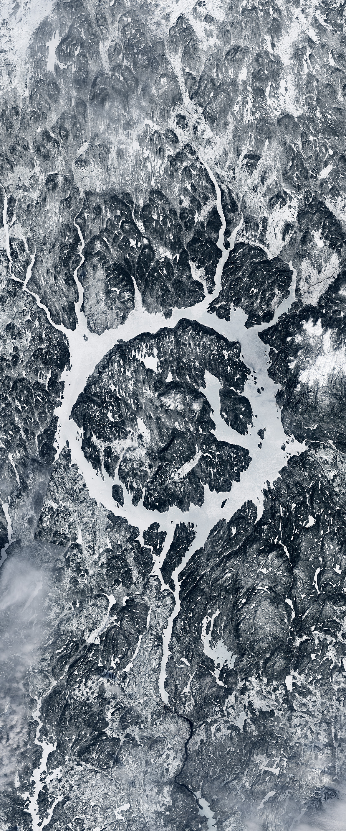 Frozen water formation forms the letter O in this Landsat satellite image.