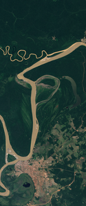 Landsat satellite image of a meandering river that forms the capital letter P.