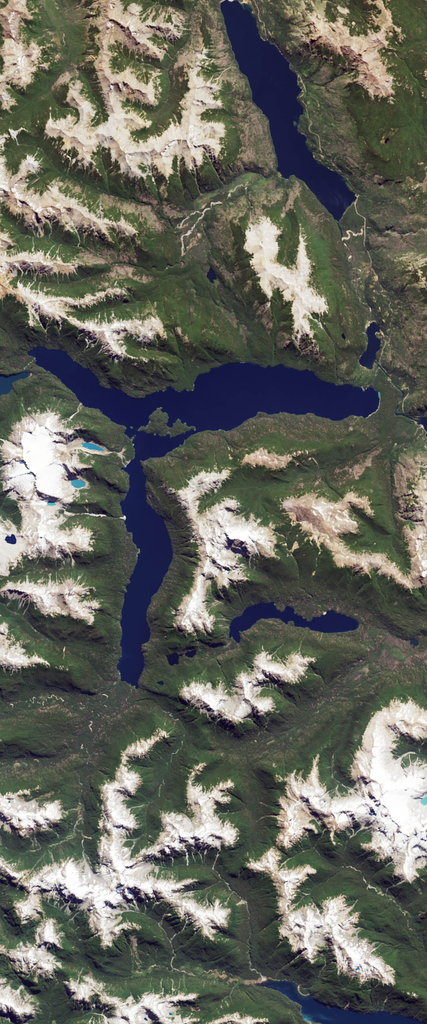 Landsat satellite image of a lake that forms the lower case letter R.