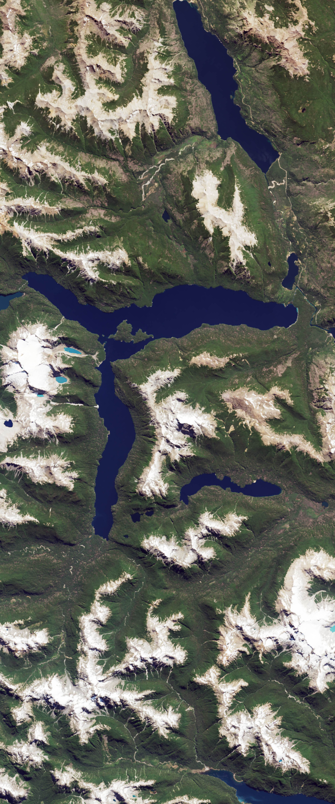 Landsat satellite image of a lake that forms the lower case letter R.