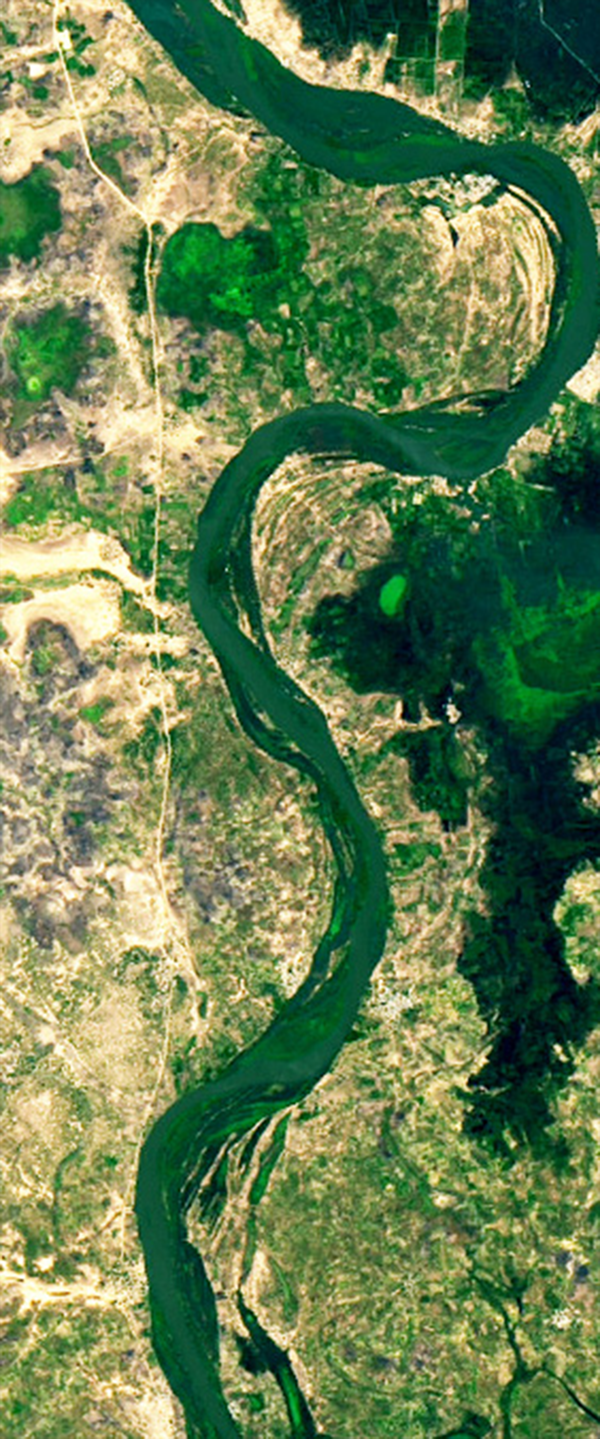Landsat satellite image of a river forming the letter S.