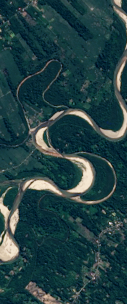 Landsat satellite image of a river forming the letter S.