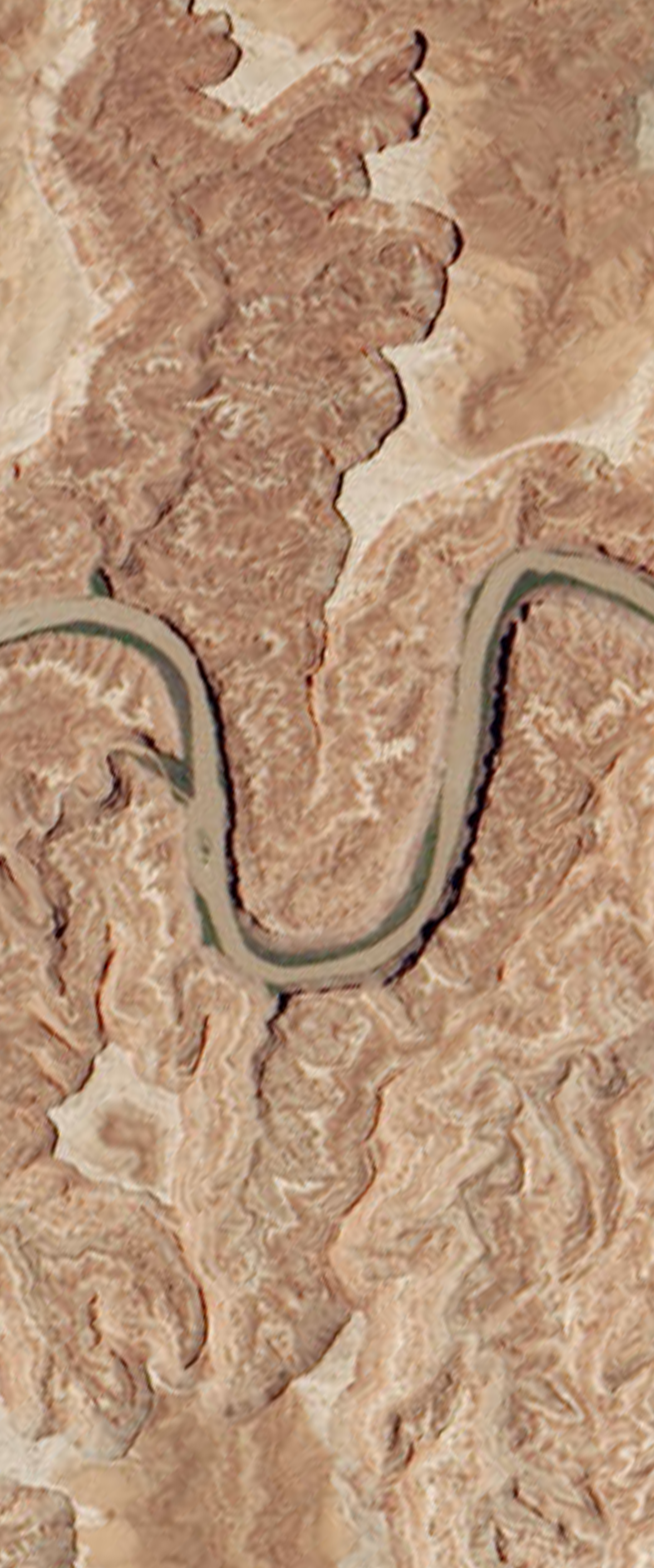 Landsat satellite image showing a curved bend in the river resembling the lower case letter U.