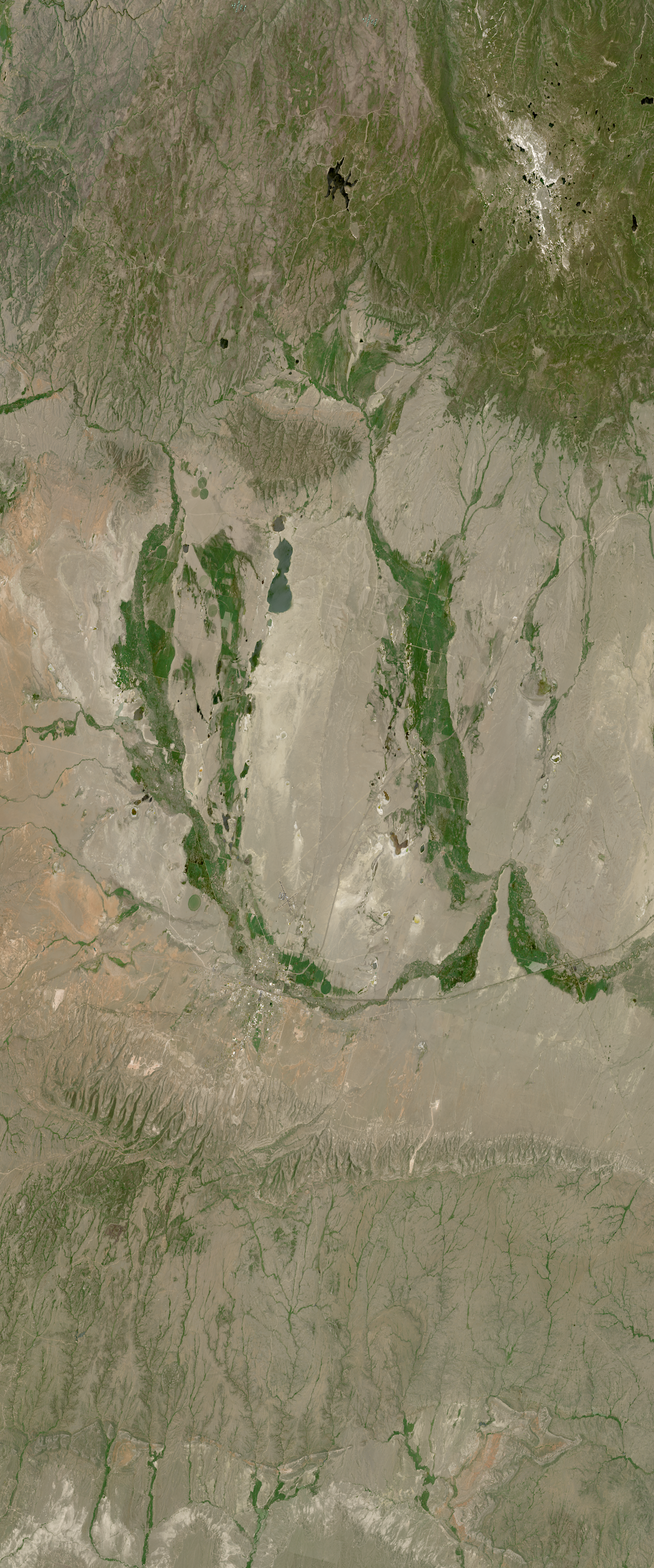 Landsat satellite image showing vegetated areas resembling the lower case letter U.