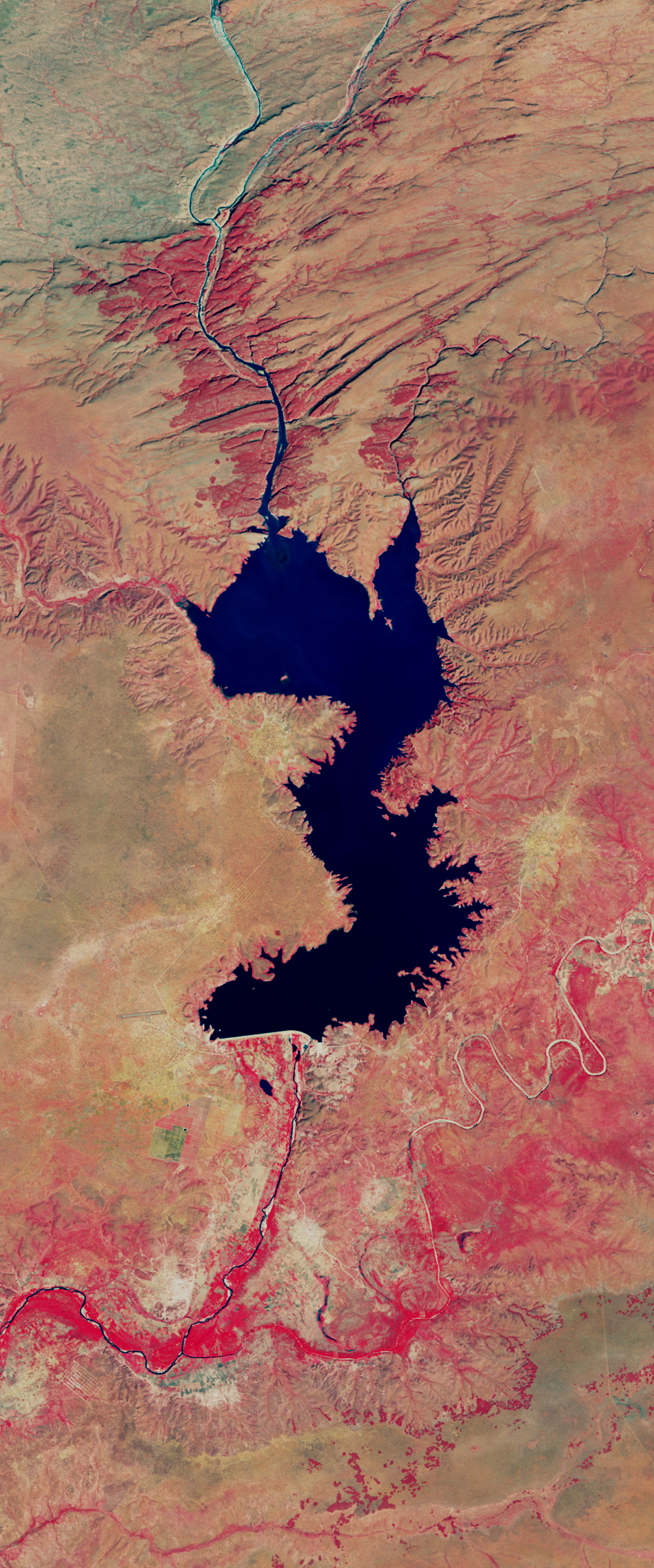 False-color Landsat satellite image showing a lake forming the number 3.