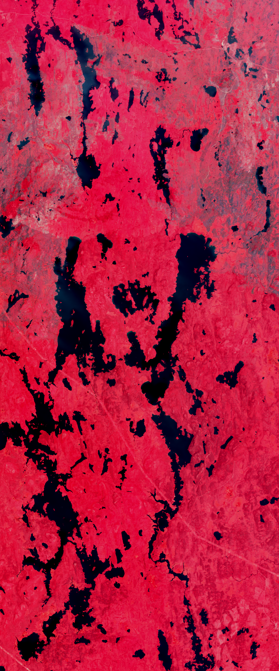 False-color Landsat satellite image showing water bodies forming the number 4.