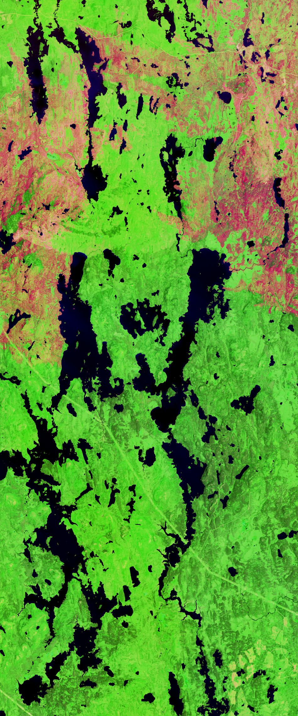 False-color Landsat satellite image showing water bodies forming the number 4.